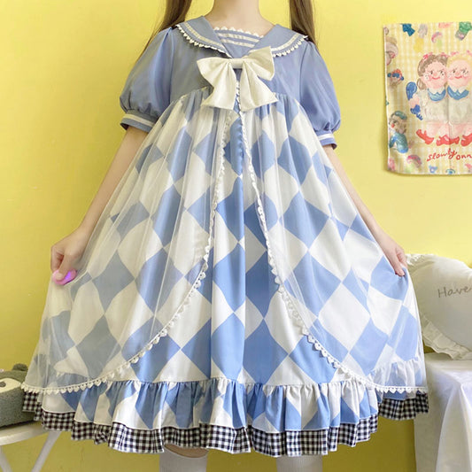 Robe Lolita à col bleu marine avec imprimé carré et nœud doux