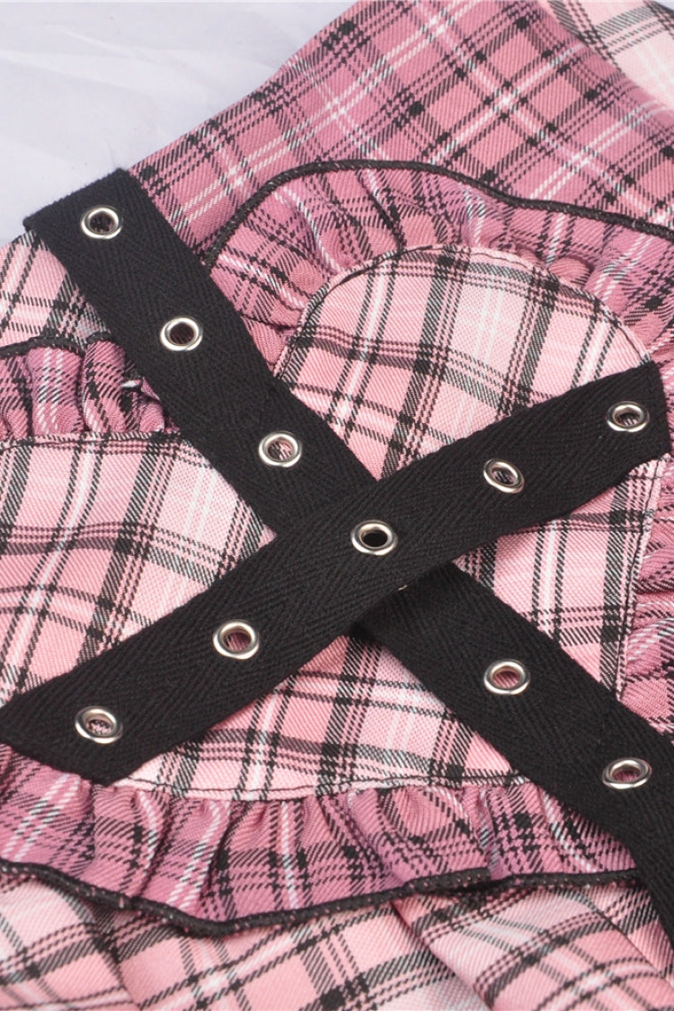 Pink Heart Plaid Double-Layer Ruffled Mini Skirt with Lace Hem