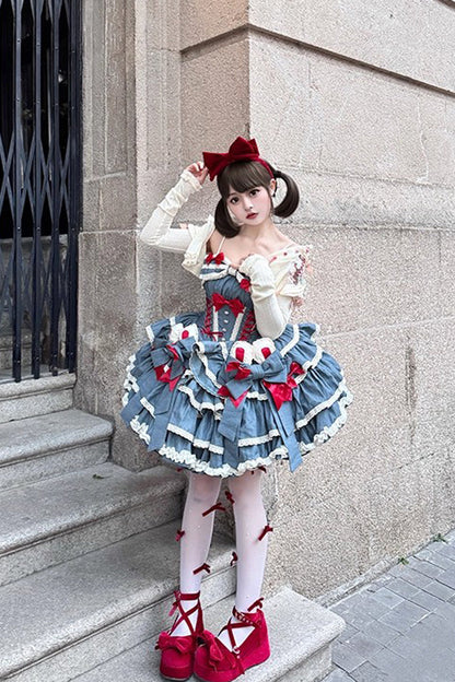 Halterneck Sleeveless Triple-Ruffle Laced JSK with Bow