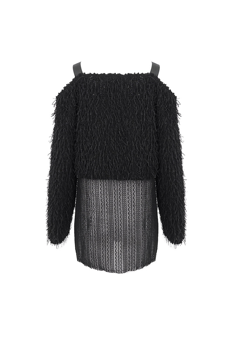 Off-Shoulder Fluffy Black Sweater Punk Women's Asymmetric Style