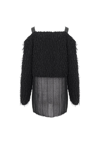 Off-Shoulder Fluffy Black Sweater Punk Women's Asymmetric Style