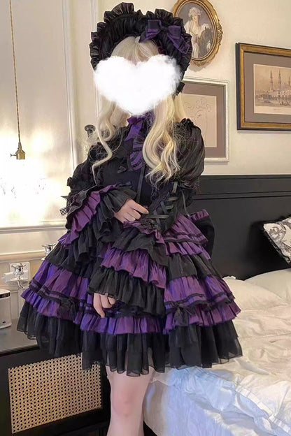 Black/Purple Gothic Lolita Trumpet-Sleeved Multi-Layered Ruffle Lace-Up Dress