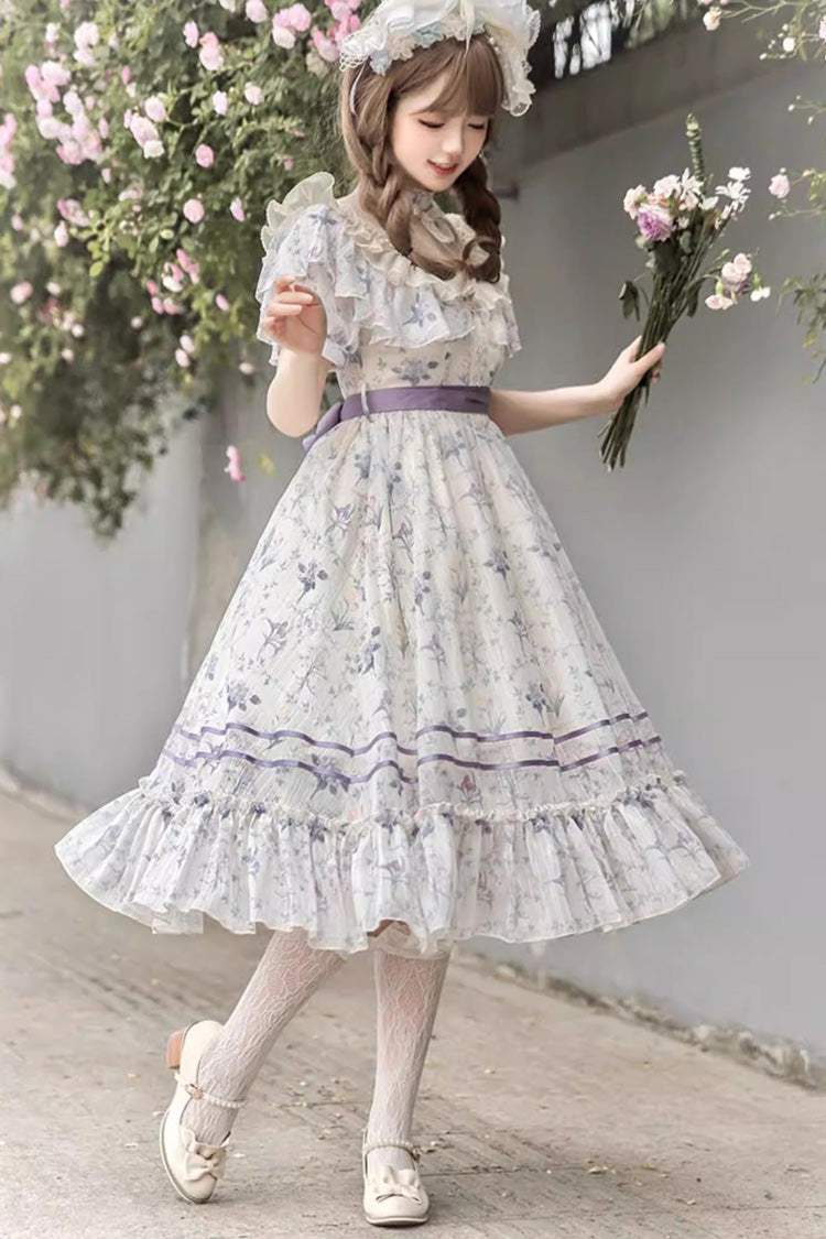 Printed Bow Lace Sweet Elegant Dress - Purple Summer Flower Wall