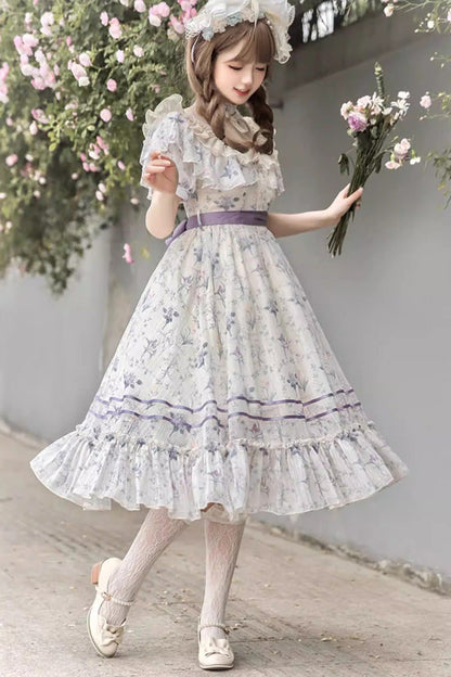 Printed Bow Lace Sweet Elegant Dress - Purple Summer Flower Wall