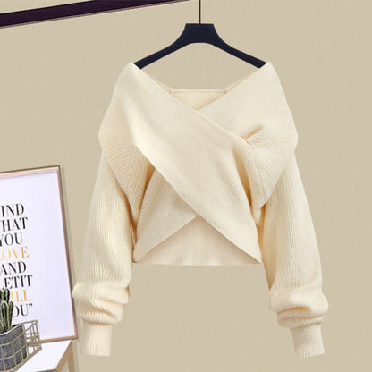 Two Pieces A-line Flouncing Knit Slip Dress Cross Sweater