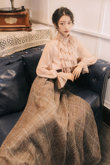 Pink Brown Stand Collar Long Lantern Sleeves Lace-Up Vintage Lolita Skirt Set