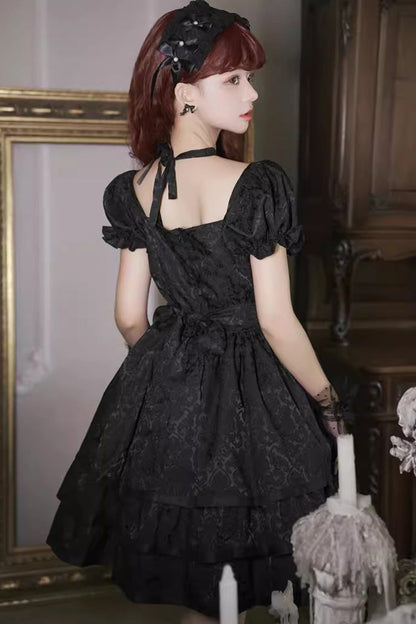 Black Short Sleeve Ruffle Bowknot Dress - Gothic Lolita