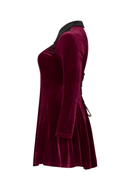 Crimson Velvet Chest Cutout Back Lace-Up Long Sleeve Plus-Size Goth Gown