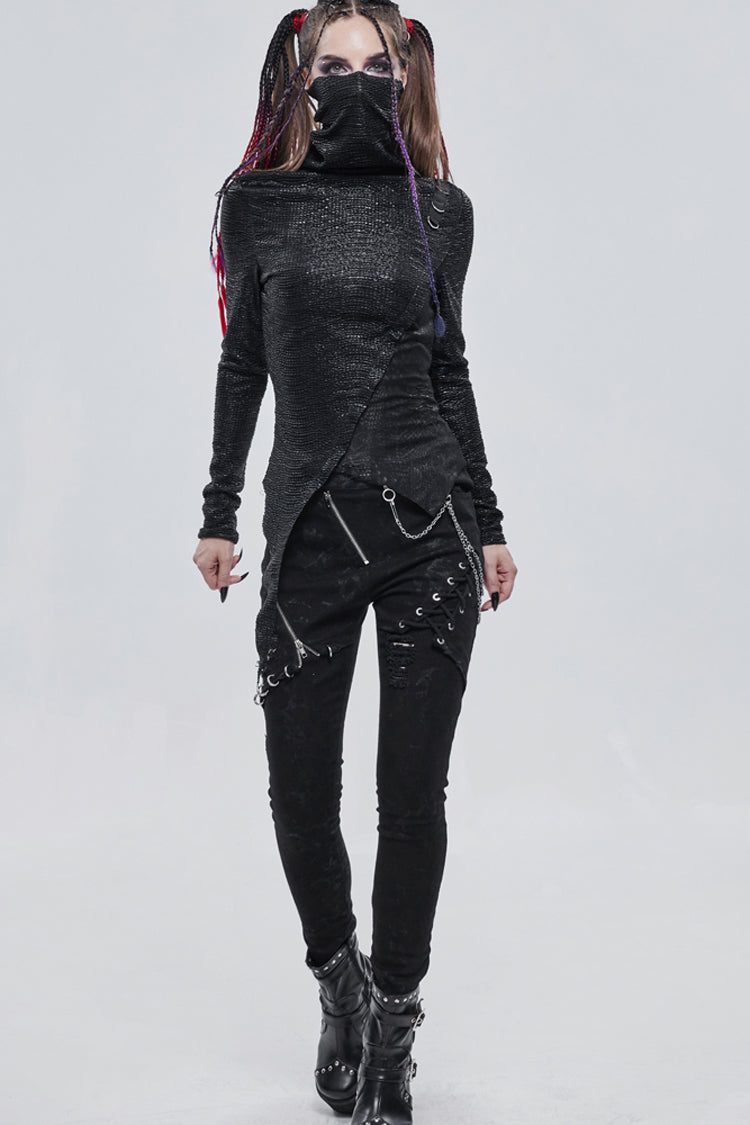 Dark High Neck Compressed Stretch Pleated Hem Blouse