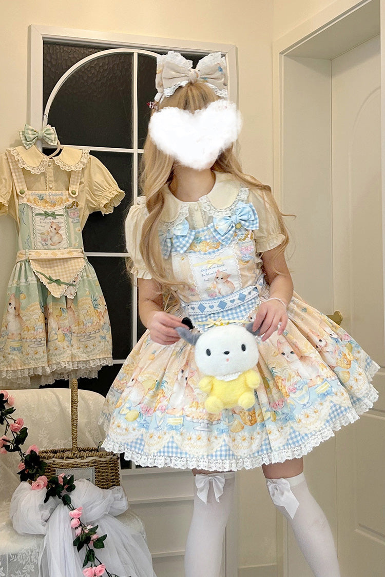 Pineapple Cat Print Sleeveless Bow Lace Sweet Lolita Strap Dress in Yellow
