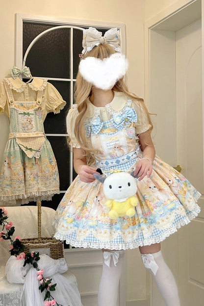 Pineapple Cat Print Sleeveless Bow Lace Sweet Lolita Strap Dress in Yellow