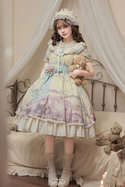 Sunny Short-Sleeve Bear Printed Ruffled Bow Dress Ensemble
