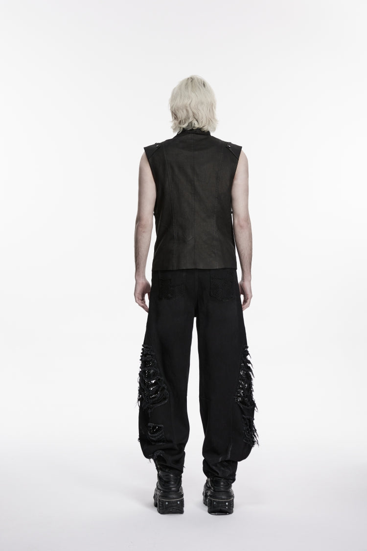 Ripped Studded Zippered Eyelet Mesh Black Punk Pants Men's