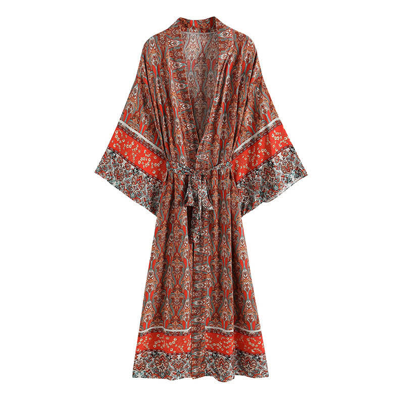 Boho Vintage Rot Print Gürtel Robe Cardigan Oberbekleidung