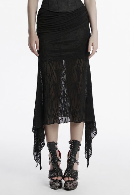 Ruched Mesh Asymmetric Black Fishtail Skirt Punk Women's Style