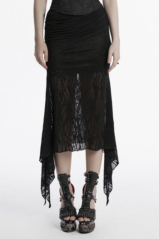 Ruched Mesh Asymmetric Black Fishtail Skirt Punk Women's Style