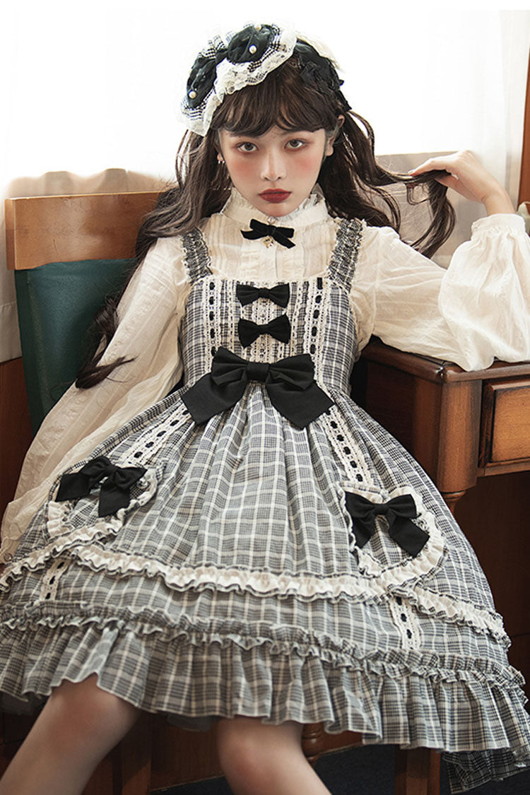 Black/White High-Waist Sweet Lolita JSK with Bow and Plaid Ruffles