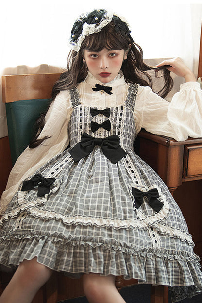 Black/White High-Waist Sweet Lolita JSK with Bow and Plaid Ruffles