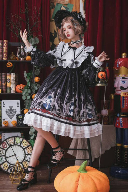 Black Gothic OP Dress Lolita College Style Round Collar Long Sleeves - Altfashion Shop