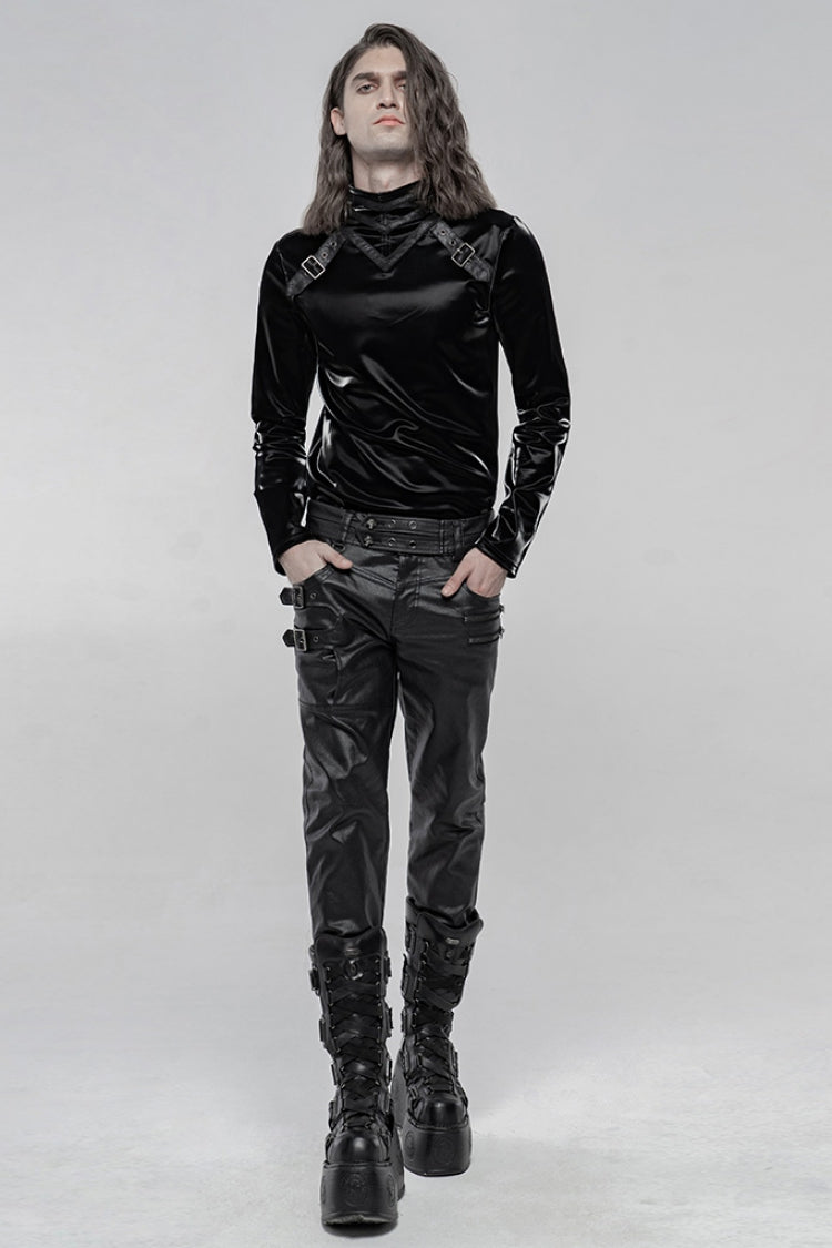 Men's Steampunk Pants with Metal Buckle and Side Zipper in Black Faux Leather