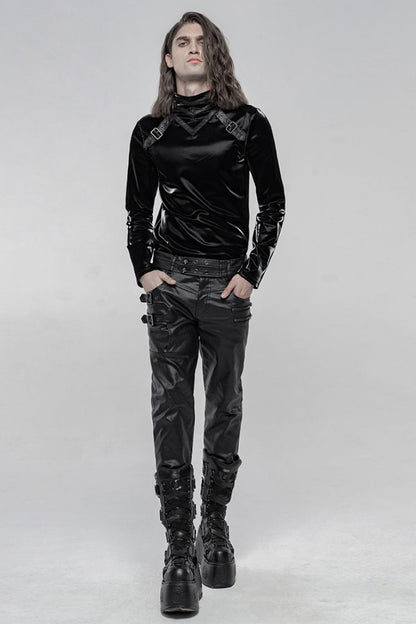 Men's Steampunk Pants with Metal Buckle and Side Zipper in Black Faux Leather