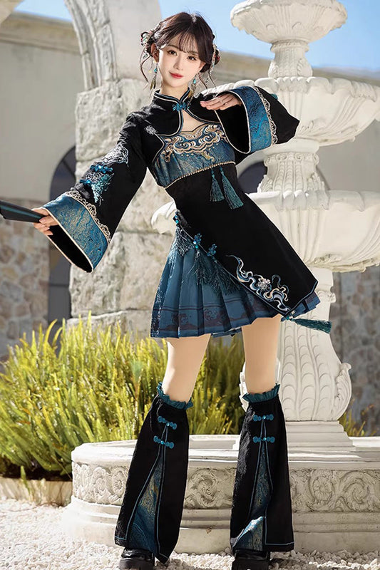Cut-Out Embroidered Chinese Style Jumper Dress - Black/Blue Misty Teal
