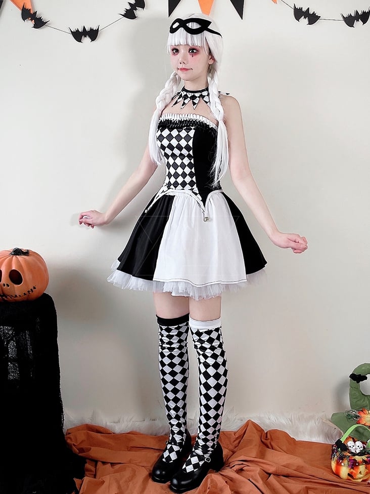 Halloween Black White Clown Costume Top and Skirt