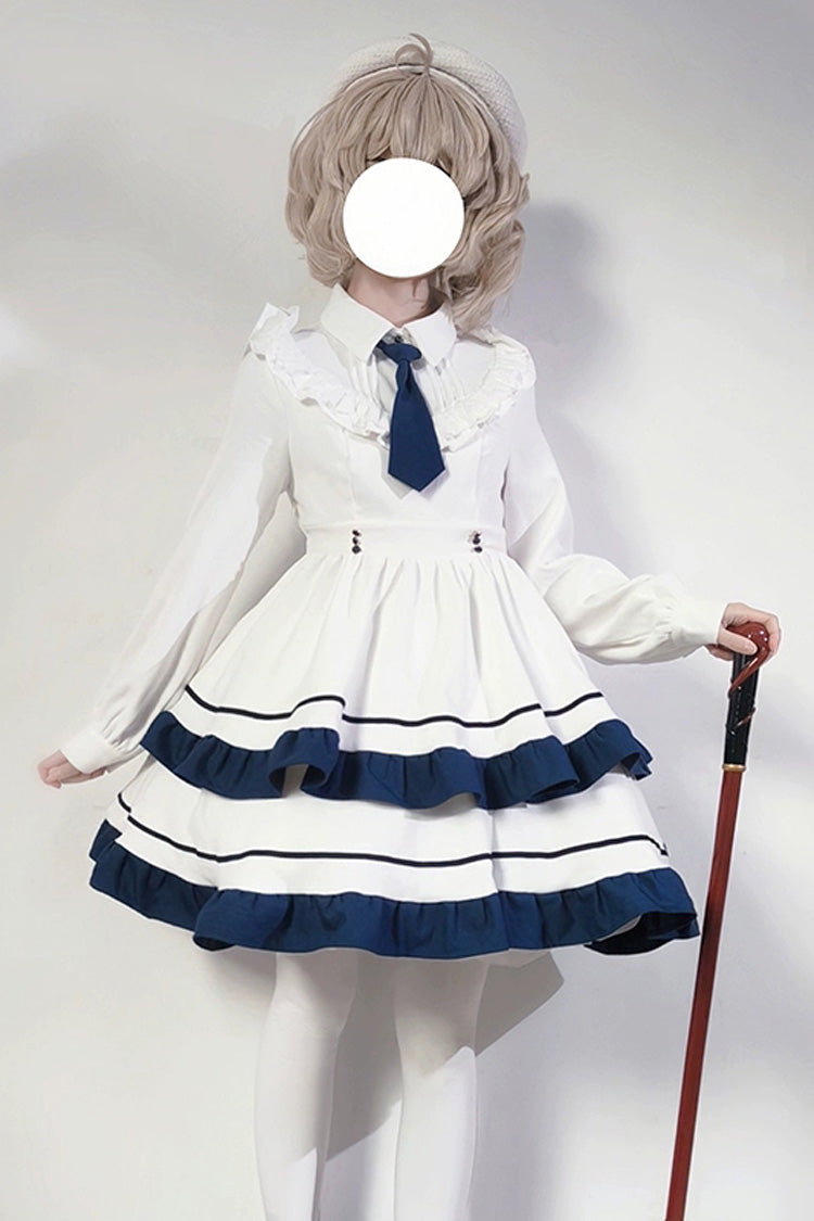 White Long Sleeve Double-Layer Ruffle Sweet College Lolita Dress