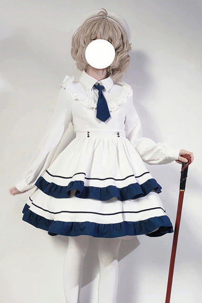 White Long Sleeve Double-Layer Ruffle Sweet College Lolita Dress
