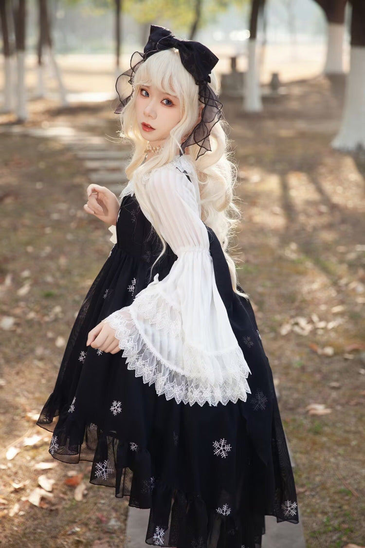 Feather Snowflake Embroidery Print Sleeveless Ruffle Bow Sweet JSK Dress