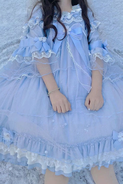 Blue OP Tiered Dress Sweet Lolita Trumpet Sleeves Bowknot Ruffled - Altfashion Shop
