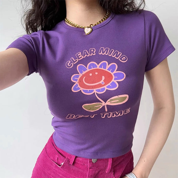 Purple Big Flowers Graphic Crop Top