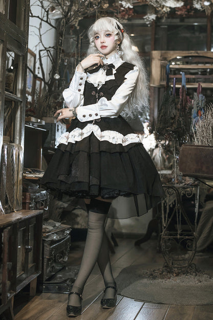 Black White Gothic Lace Vest Skirt Set