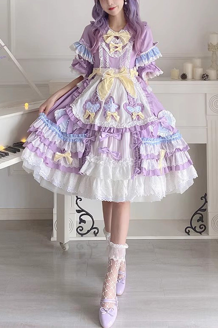 Purple Star Sugar Short-Sleeved Multi-Layer Ruffled Bow-Trim Sweet Lolita Dress