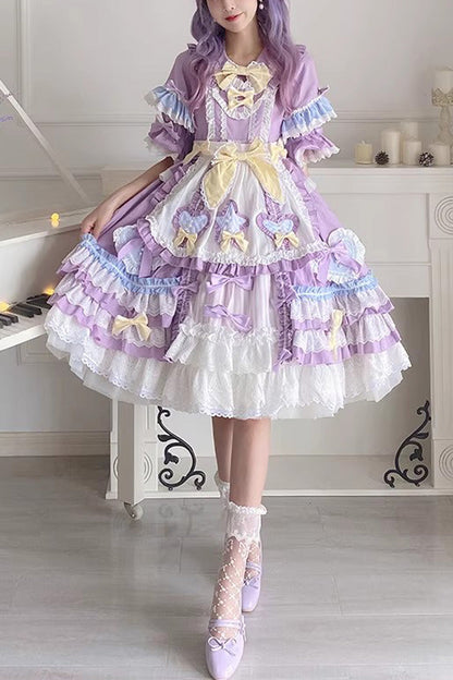 Purple Star Sugar Short-Sleeved Multi-Layer Ruffled Bow-Trim Sweet Lolita Dress