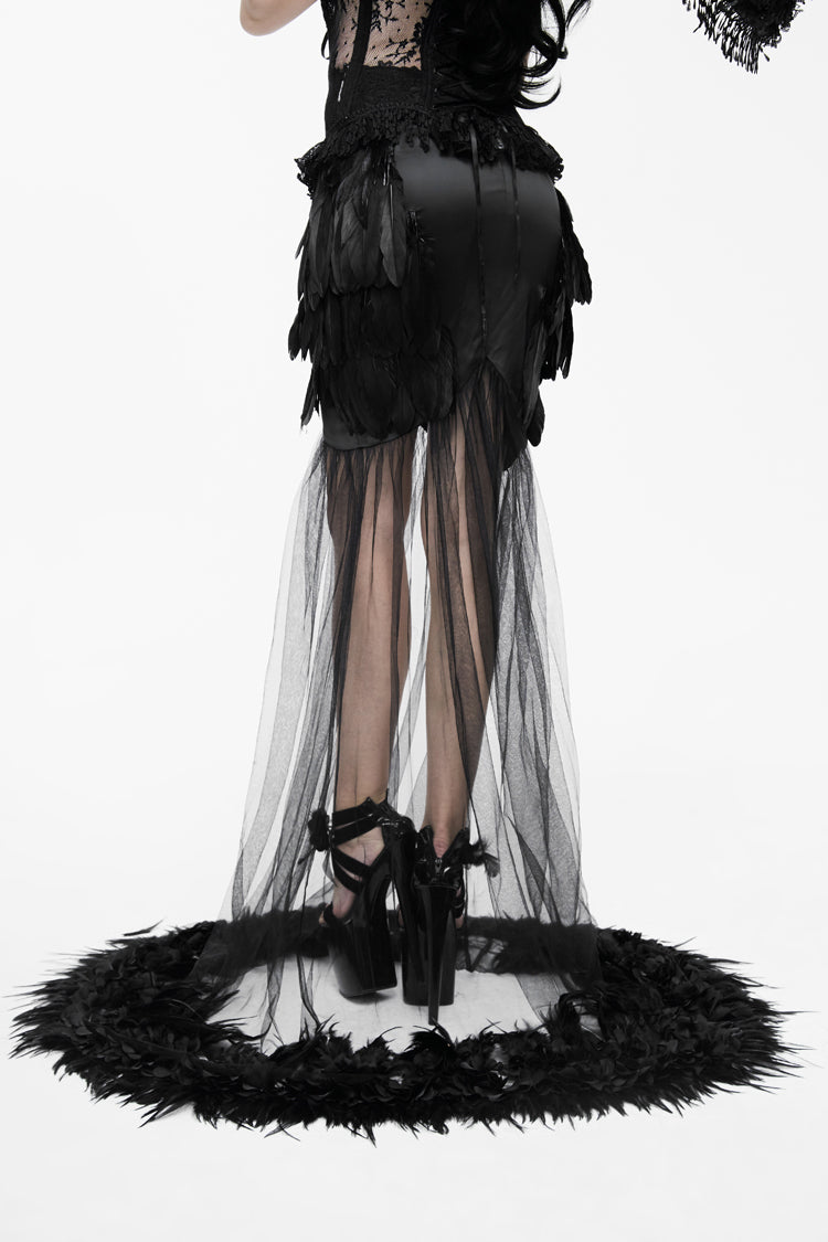Satin Gothic Skirt with Feather Hem and Fishtail Silhouette