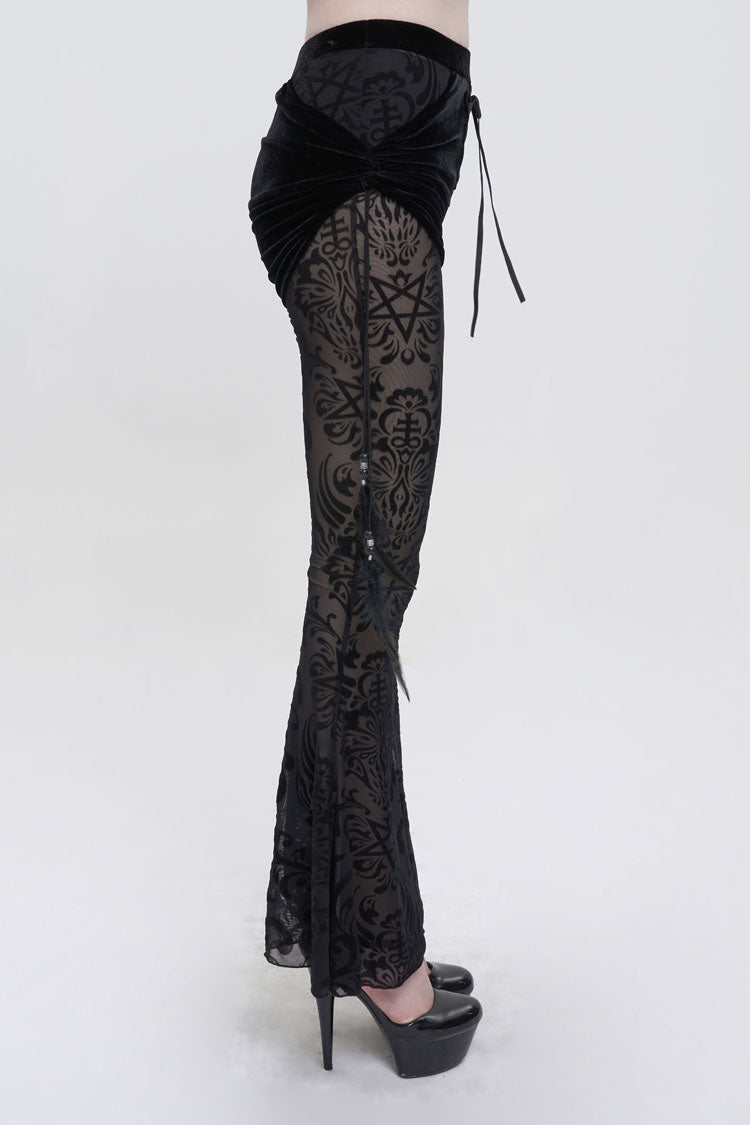 Gothic Women's Long Flared Trousers with Faux Two-Piece Feather Pendant and Mesh Side Panels