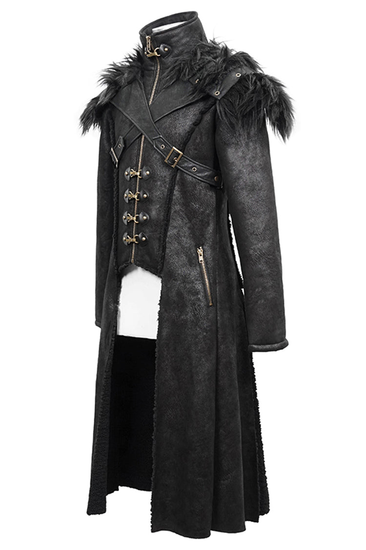 Men's Punk Coat with Fur Cape and Metal Hasp