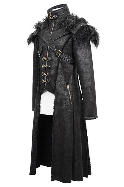 Men's Punk Coat with Fur Cape and Metal Hasp
