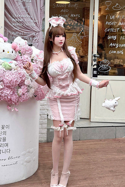 Rose Square Collar Short Sleeve Jacquard Ruffle Embroidered Bow Lace Chinese Sweet Lolita Two-Piece - Little Nurse