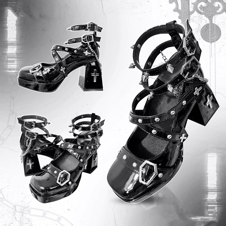 Gothic Punk Princess Lolita High Heels with Chain Cross Detail in Two Shades