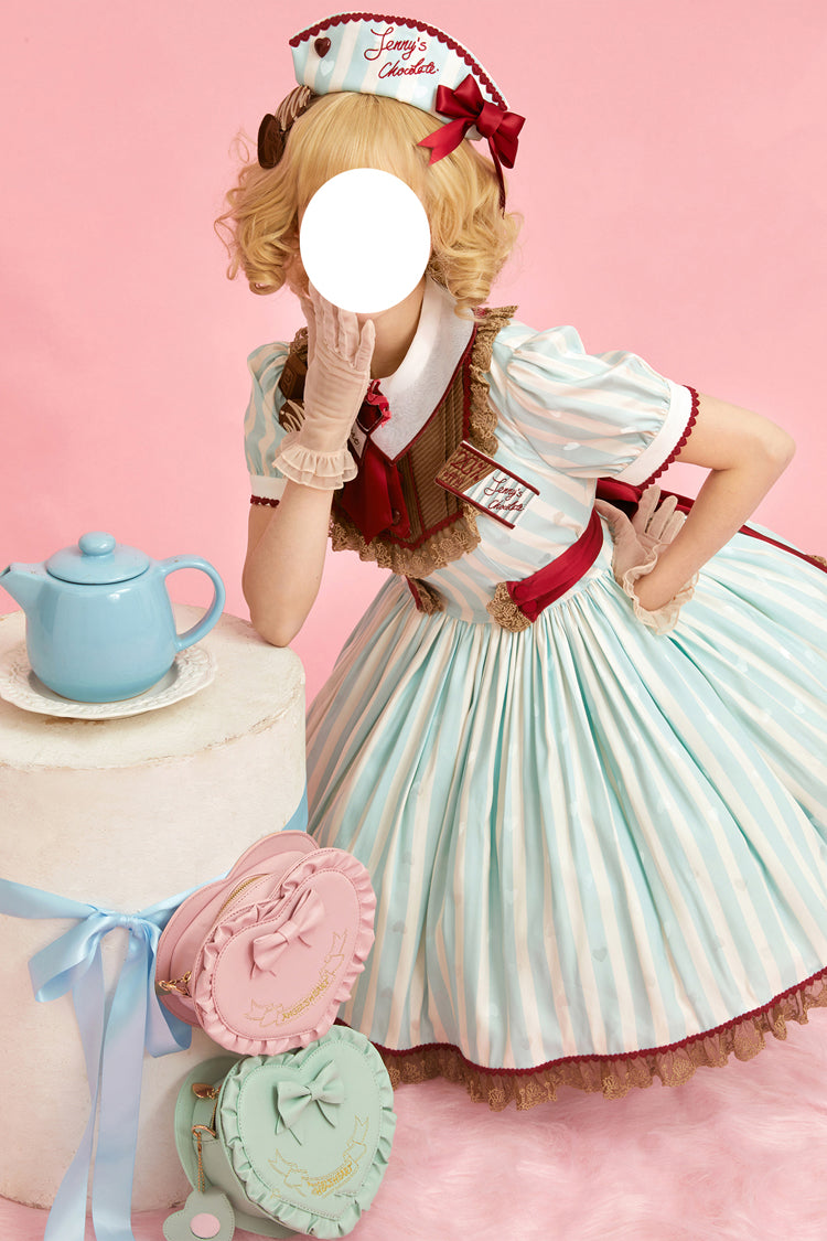 Emerald Jenny's Chocolate Short Sleeves Vertical Stripes Print Ruffle Bow Sweet Lolita Dress