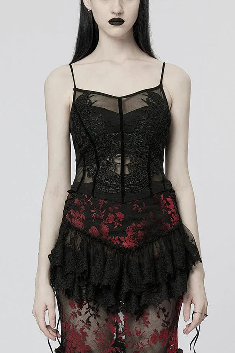 Sheer Lace Trim Gothic Sleeveless Sling Top in Black - NoirEdge