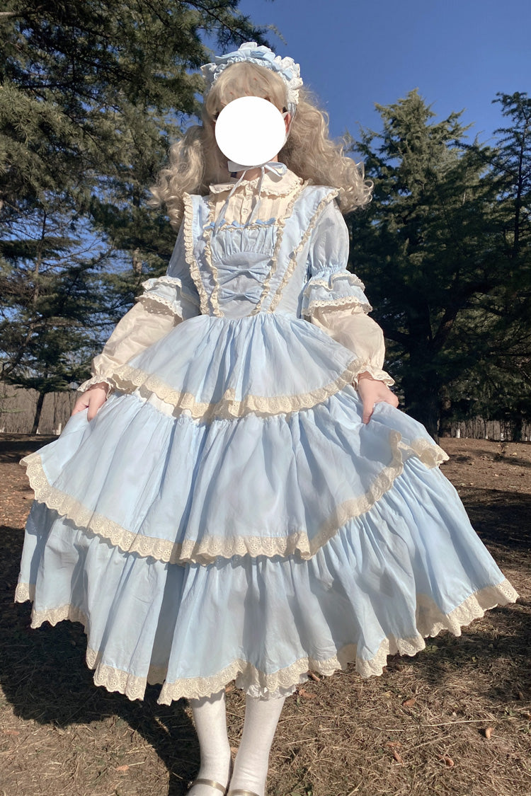 Blue Lapel-Collar Long-Sleeved High-Waisted Multi-Layer Bow-Trim Sweet Lolita Dress
