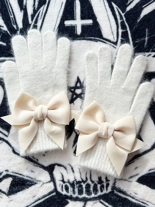 White Gothic Bowknot  Cutout Details at Finger Pads Gloves