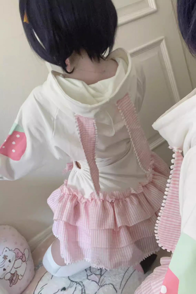 White/Pink Sweet Lolita Long-Sleeved Strawberry Print Hooded Dress