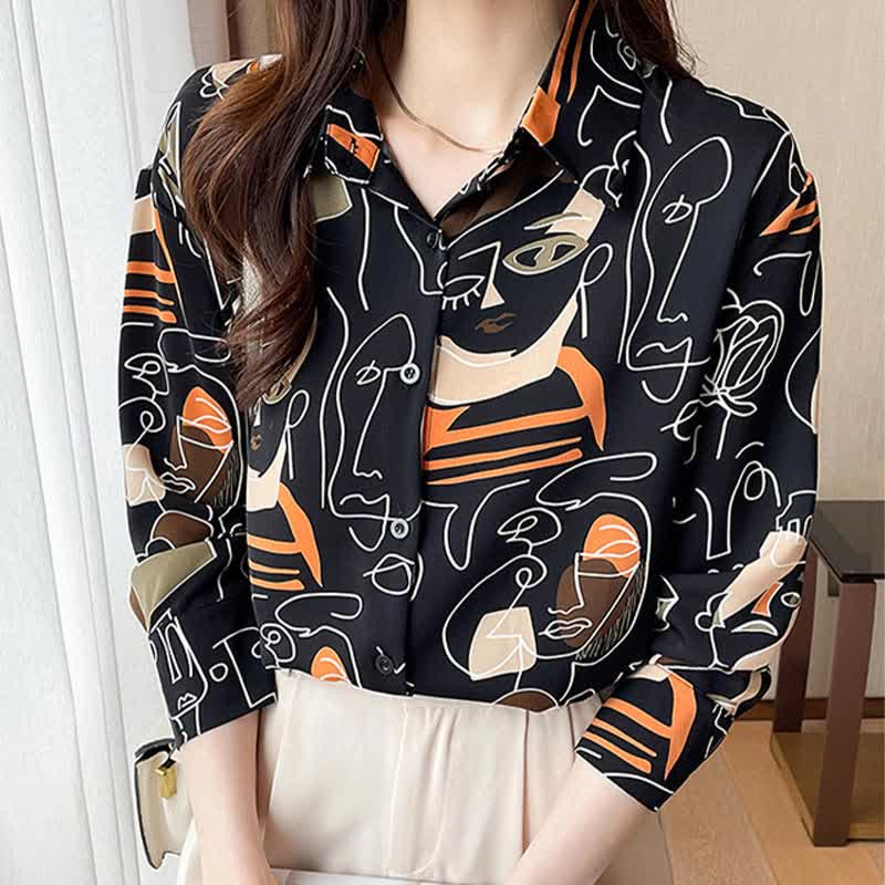 Color Abstract Graffiti Print Chiffon Shirt