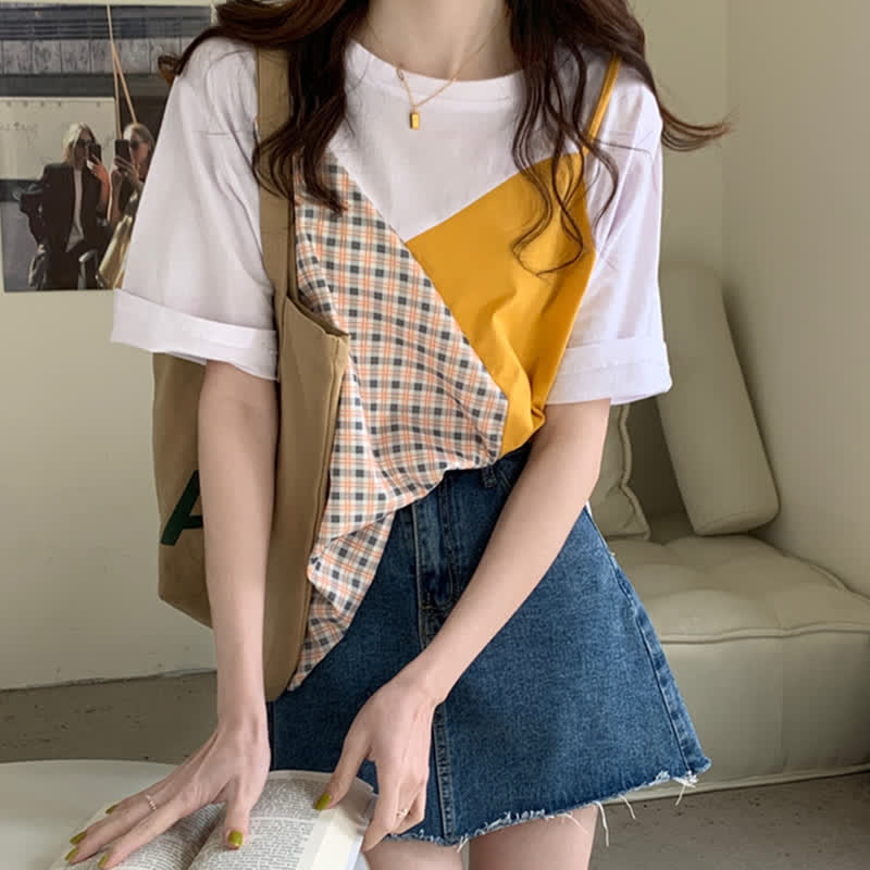 Denim Chic Round T-Shirt Collar Colorblock Pocketed Shorts