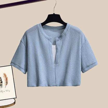 Pieces Set Casual Crop Top Fake Pants Two T-Shirt