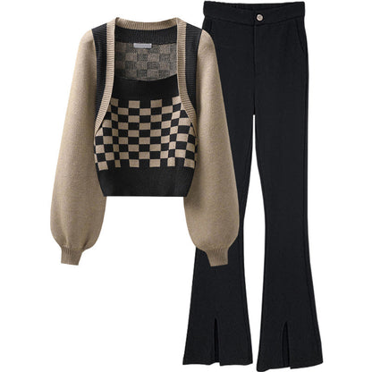 Lattice Pants Set Print Split Sweater Casual